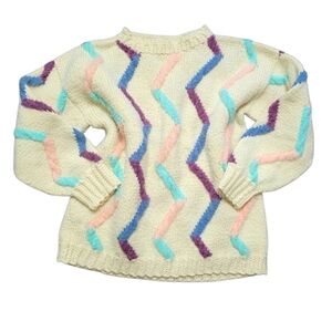 Vintage Pastel Zig Zag Textured Pullover Heavy Wool Blend Sweater 90's 80's S/M